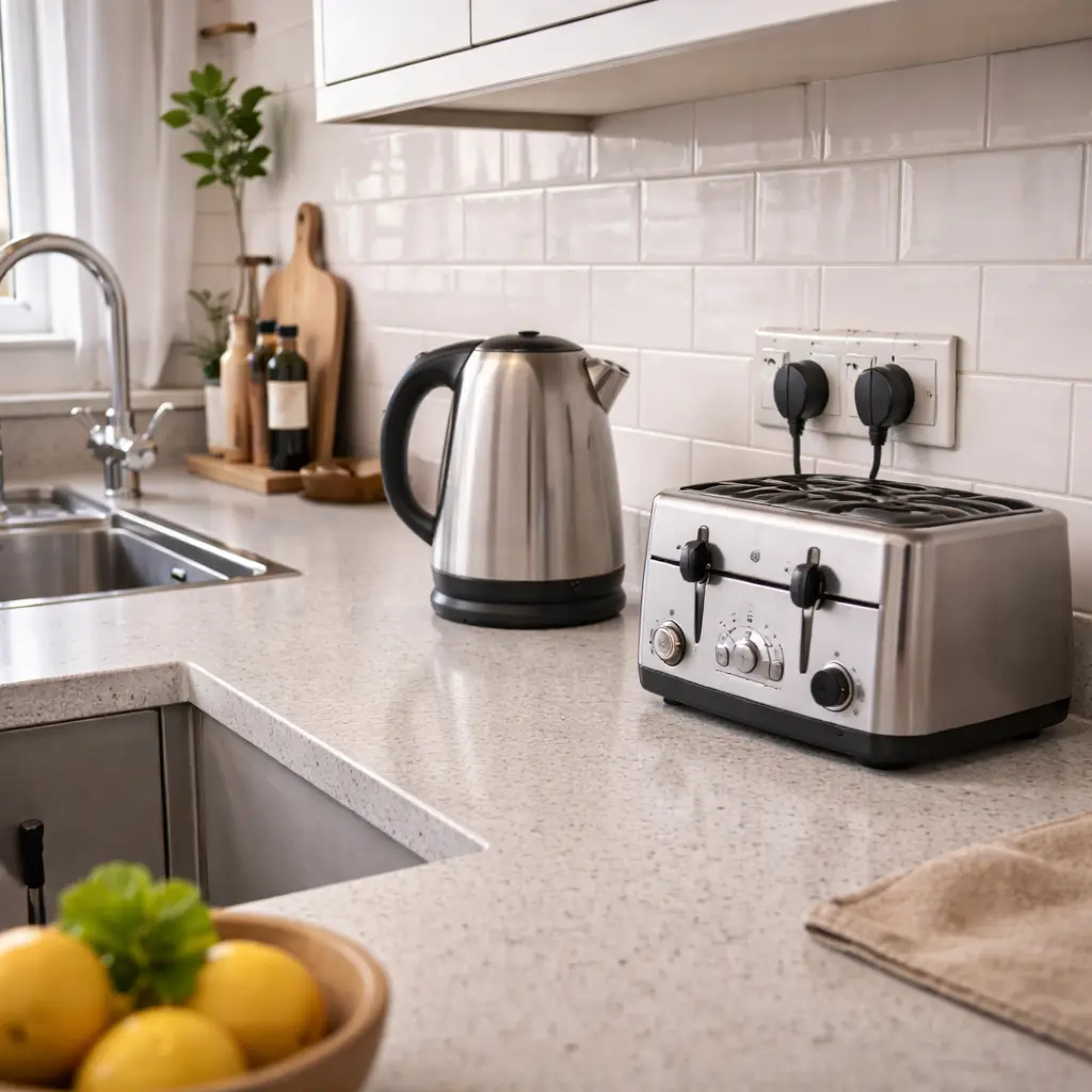 UK kitchen countertop with electric kettle and toaster plugged into a double wall socket.