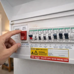 Hand switching off main switch on UK consumer unit fuse board during electrical safety check.