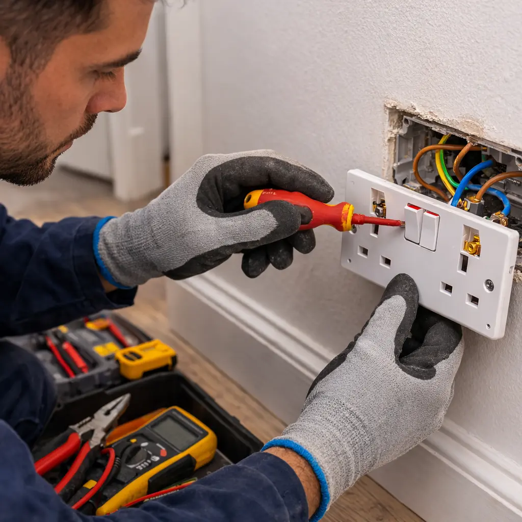 Electrician repairing a UK double wall socket while following electrical safety procedures in a home.