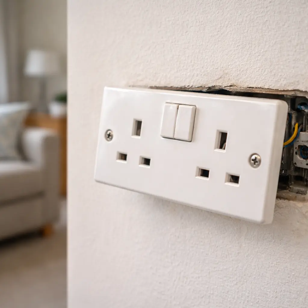 Loose UK double wall socket partially removed from the wall exposing internal wiring during electrical repair in a home.