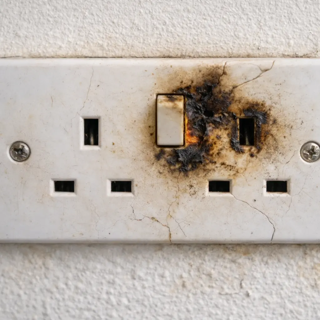 Burnt and damaged UK double electrical socket showing scorch marks from overheating or electrical fault.