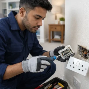 Professional electrician repairing a UK double plug socket using a screwdriver during a home electrical maintenance job.