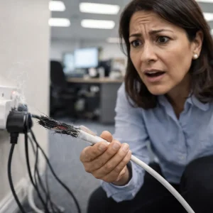 Woman inspecting burnt electrical cable connected to UK wall socket in an office