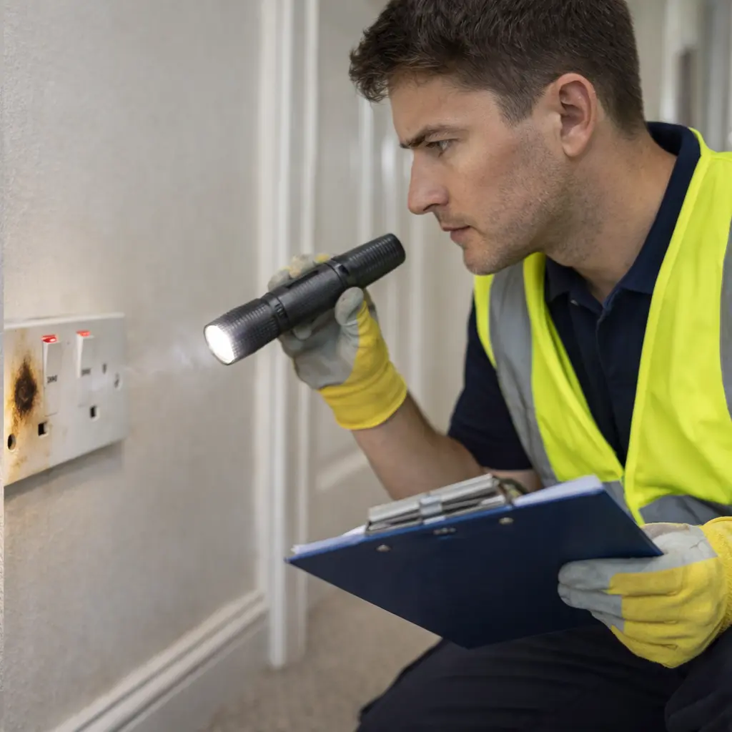 Electrician inspecting burnt UK wall socket during electrical safety check