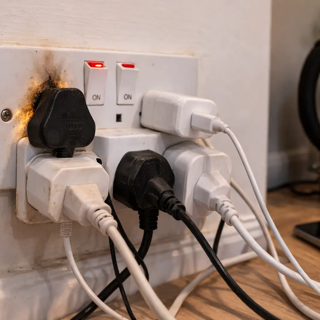 Overloaded UK wall socket with multiple plugs and visible burn marks