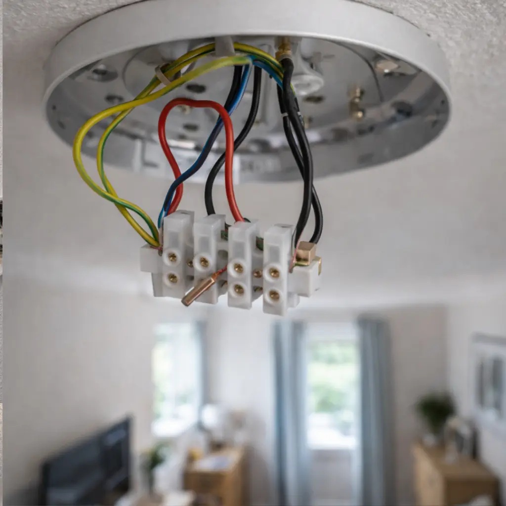 Replacing an LED light bulb in a ceiling fixture inside a modern UK home bedroom with neutral decor.