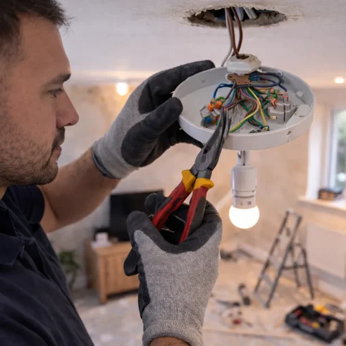 Electrician inspecting wiring inside a ceiling light fitting during a UK home electrical repair.