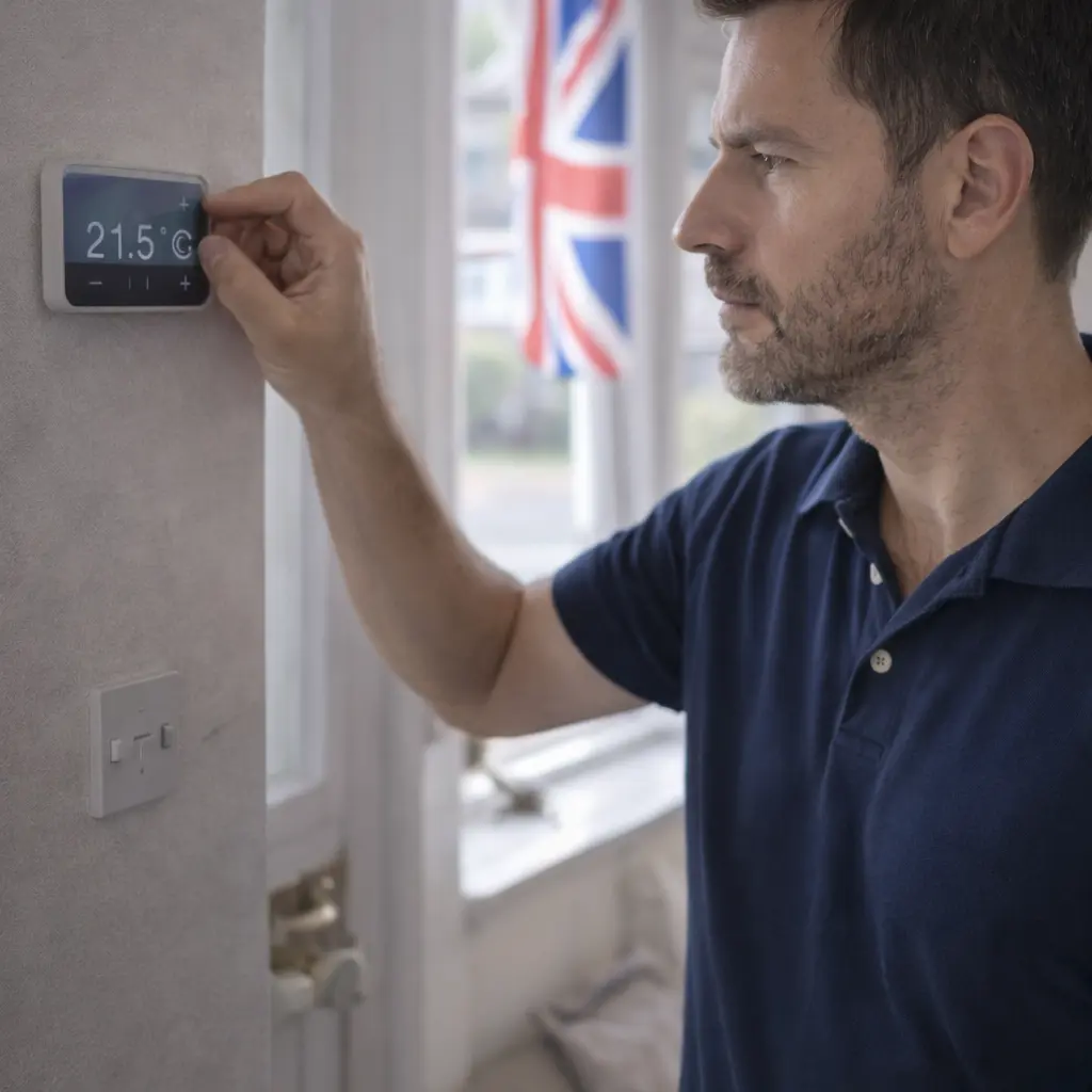 UK homeowner adjusting a smart thermostat to reduce heating and electricity costs.