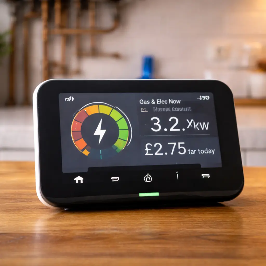 UK smart energy meter display showing electricity usage and daily cost in pounds.