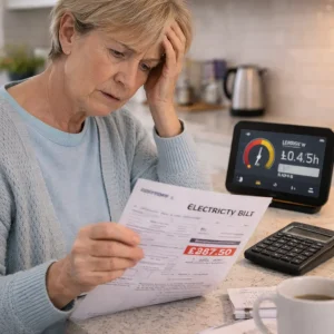 UK homeowner checking a high electricity bill while monitoring energy usage at home.