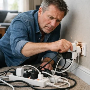 Man plugging multiple devices into overloaded socket, sparks visible near wall outlet