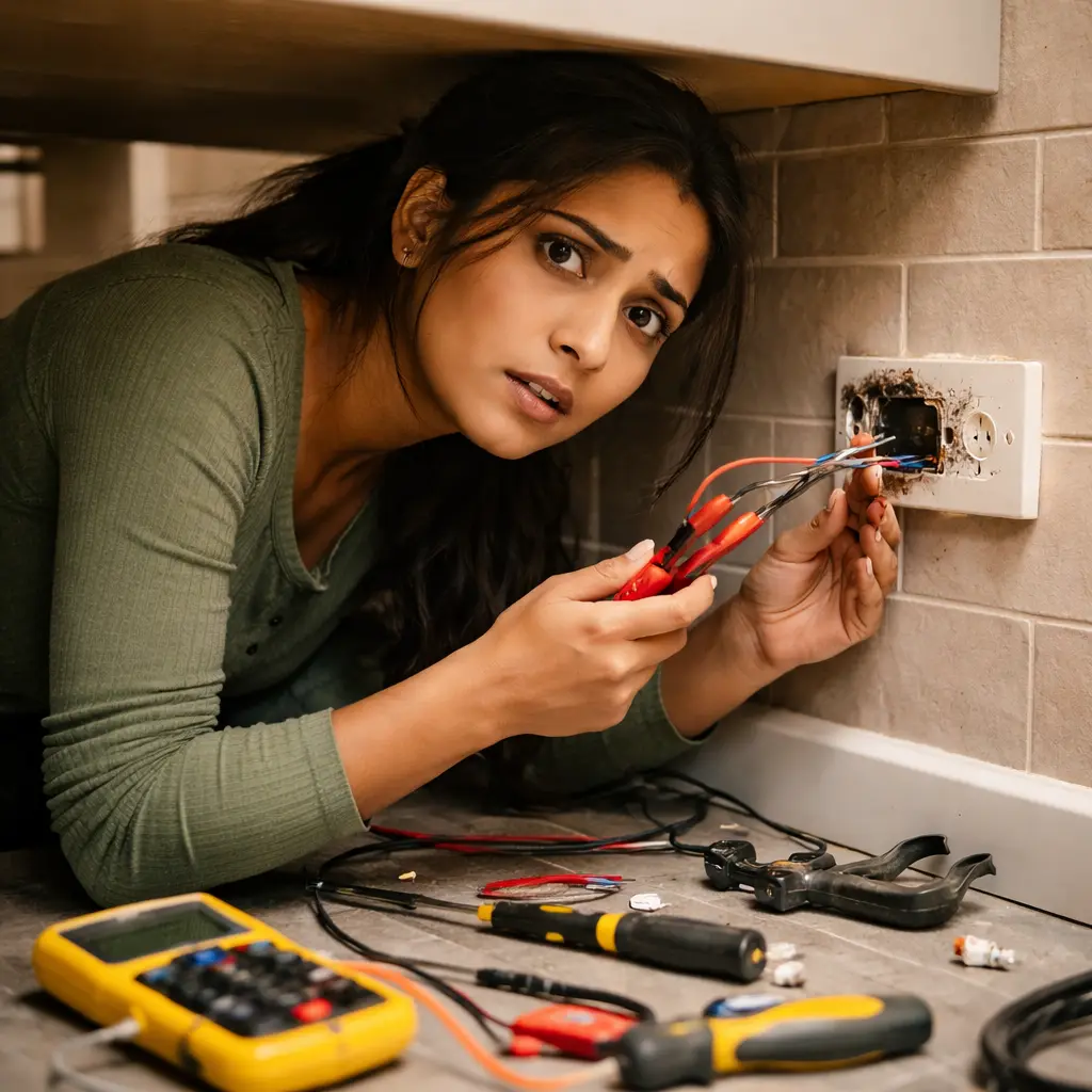 Woman attempting DIY electrical repair on socket with tools, visible burn damage around outlet