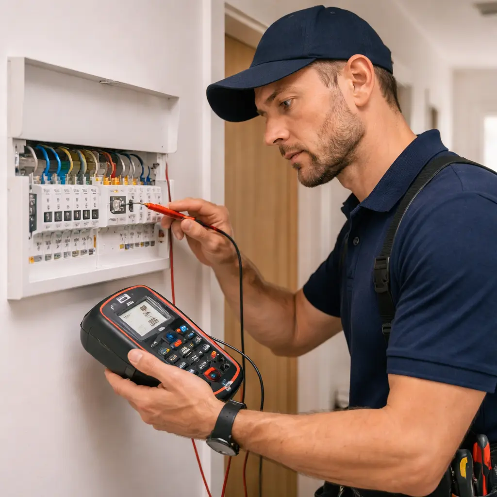 Electrician testing fuse board with multimeter during UK home electrical inspection
