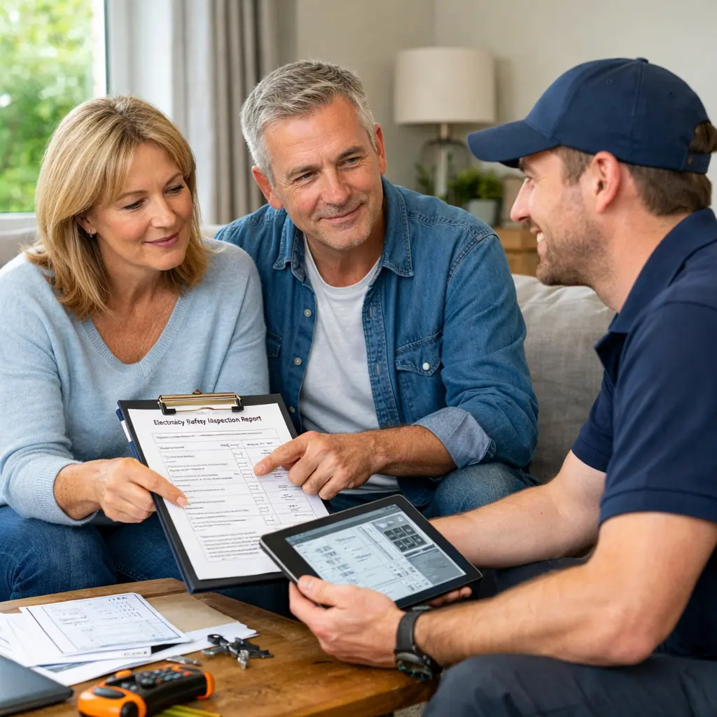 Electrician explaining electrical safety report to homeowners during home inspection