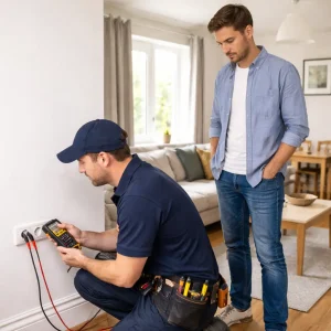 Electrician checking wall socket with testing device while homeowner observes inspection
