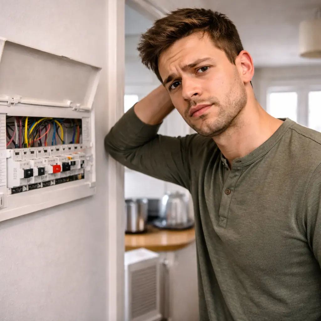 Man inspecting fuse box next to damp wall with stains, possible cause of repeated tripping