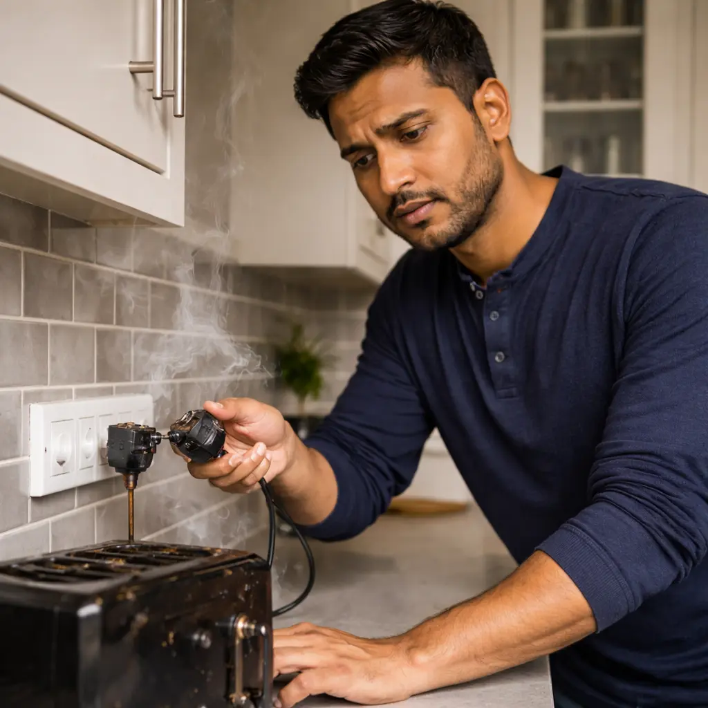 Man holding burnt plug near smoking toaster, showing electrical fault in kitchen appliance