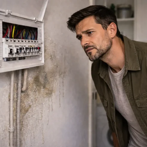 Man looking confused at open fuse box with visible wiring, unsure why power keeps tripping