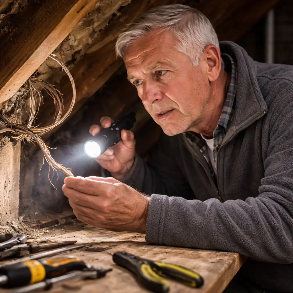 Damaged attic wiring being inspected with flashlight, highlighting fire hazard risks