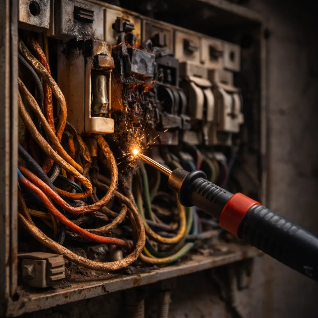Burnt electrical socket with melted plug and smoke, showing dangerous overload risk