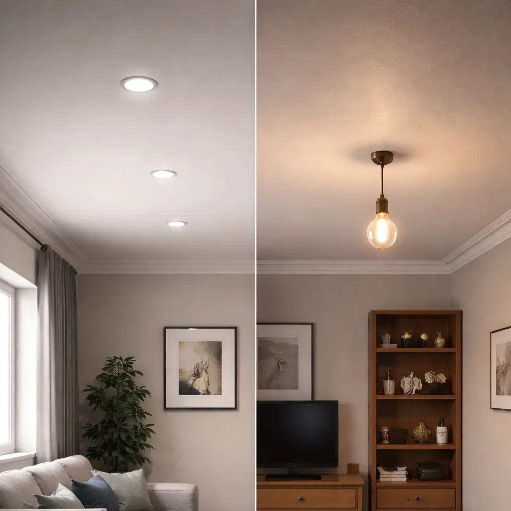 Modern living room showing LED recessed lighting vs traditional bulb ceiling light comparison