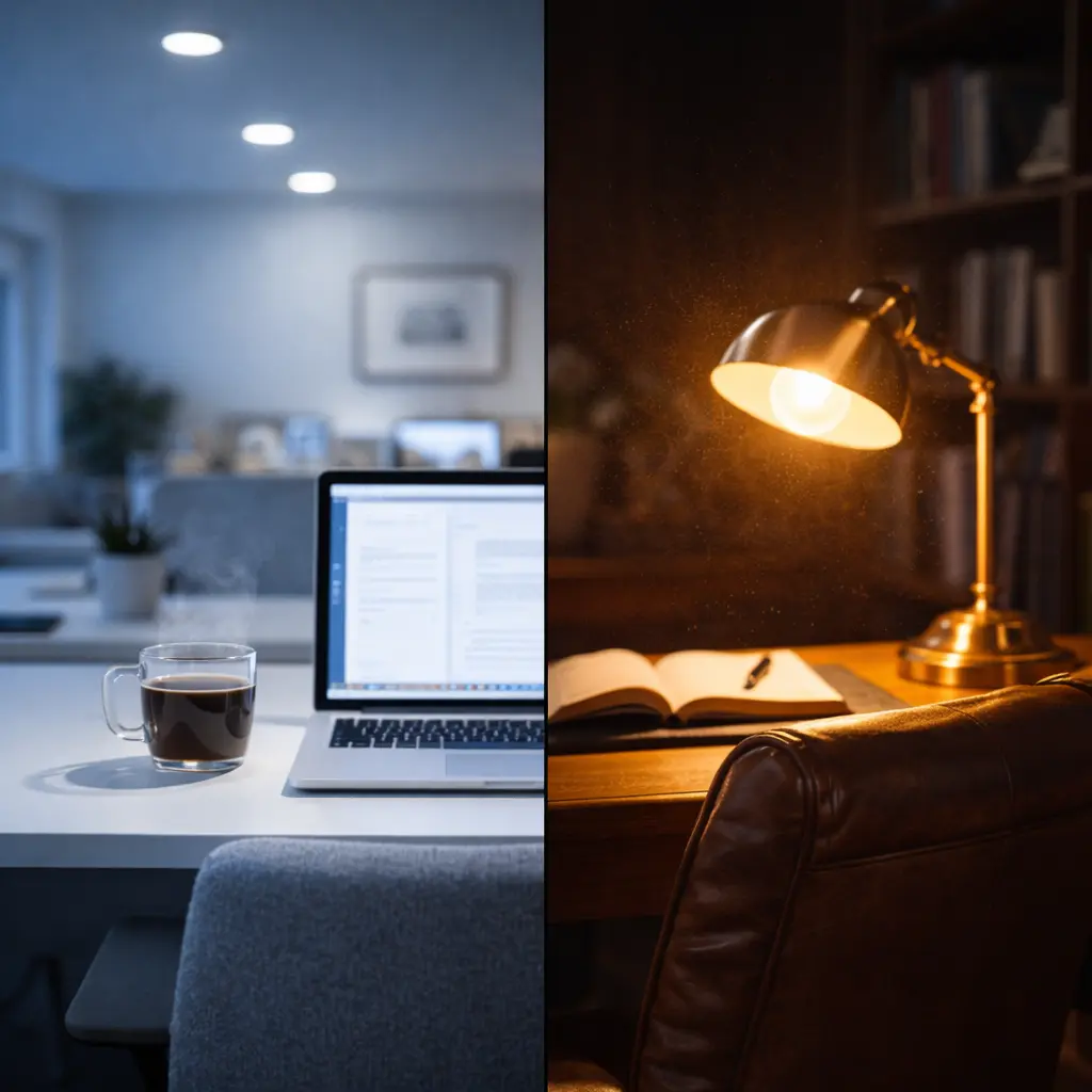 Home office desk with laptop under cool LED lighting compared to warm traditional desk lamp