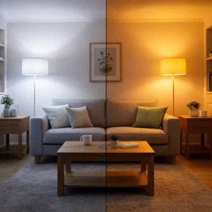 Living room split view showing cool white LED lighting vs warm ambient traditional lighting