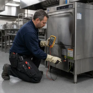 Commercial electrician carrying out electrical testing on a stainless steel commercial dishwasher inside a modern UK industrial kitchen.