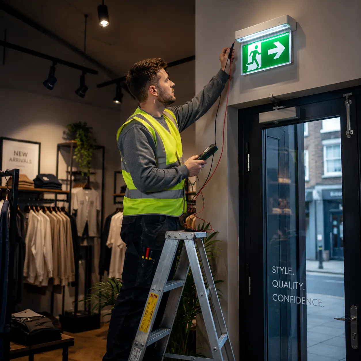 An electrician is testing an illuminated emergency exit sign from a stepladder inside a modern UK retail clothing store.