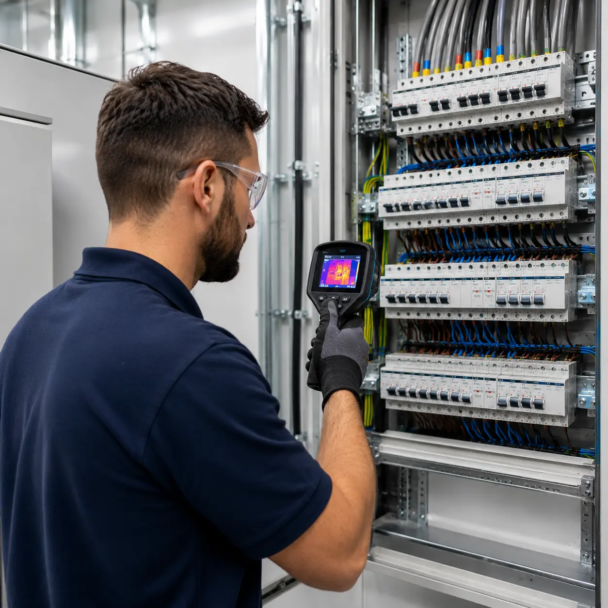 Commercial electrician using a thermal imaging camera to inspect a three-phase distribution board in a modern UK office plant room.