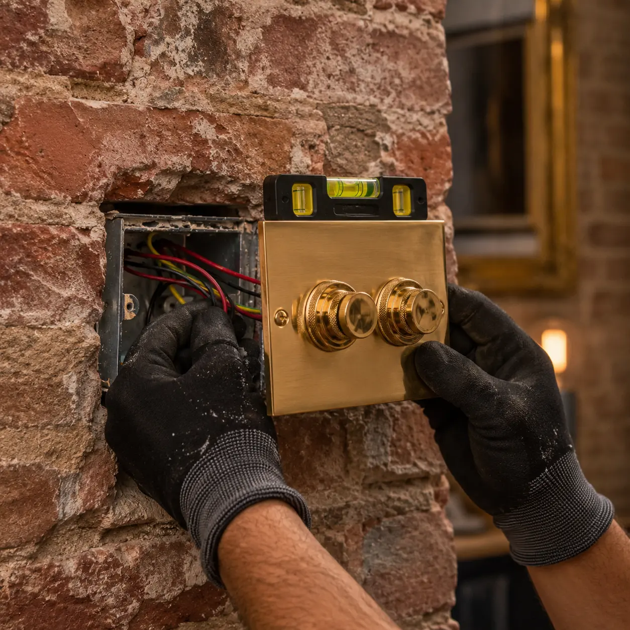 Electrician wearing black protective gloves installing a polished brass Victorian-style rotary dimmer switch into exposed brickwork inside a UK period home.