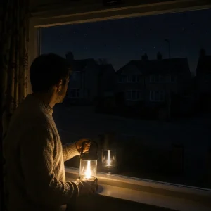Man holding a battery-powered lantern while looking out from a dark UK semi-detached house during a nighttime neighbourhood power cut.