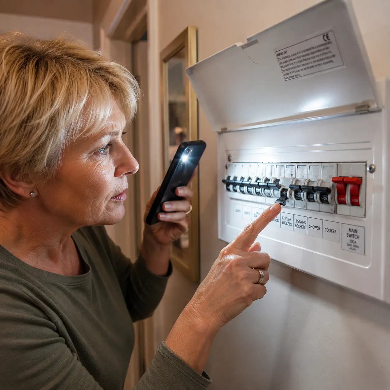 Woman using a smartphone torch to inspect a UK consumer unit after a kitchen sockets circuit breaker trips inside a residential hallway.