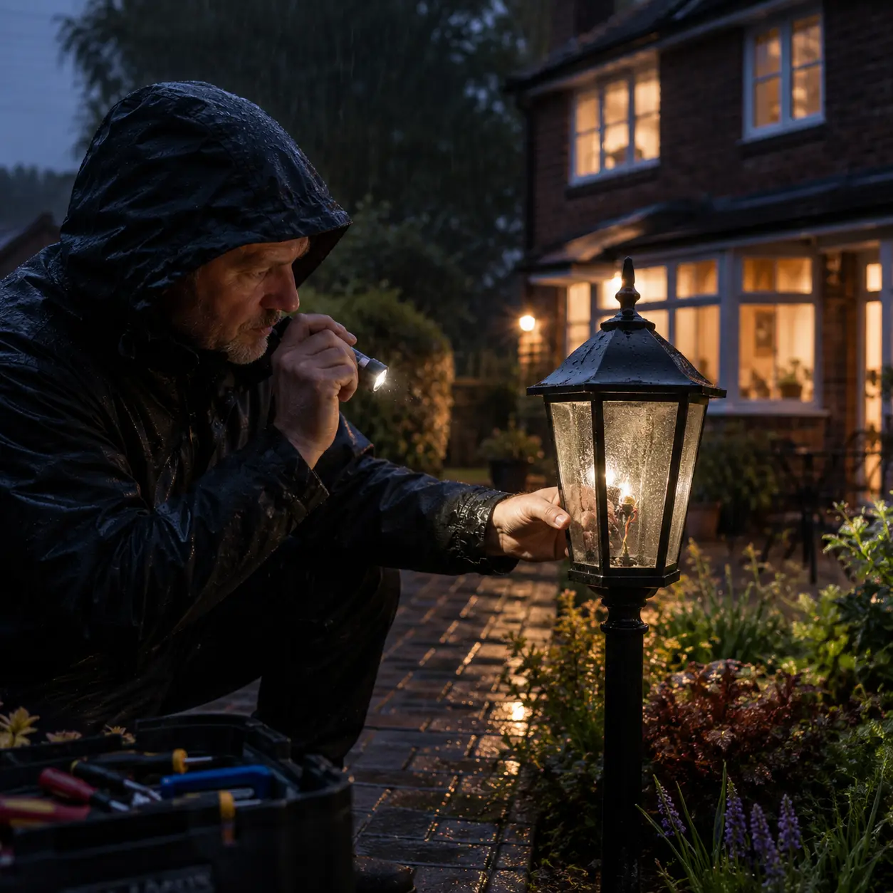 Electrician in a rain jacket checking a faulty outdoor garden lantern light beside a UK home during wet evening weather.