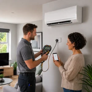 Young electrician performing final safety testing on a newly installed wall-mounted air conditioning unit in a modern UK living room while homeowner checks AC app on smartphone.