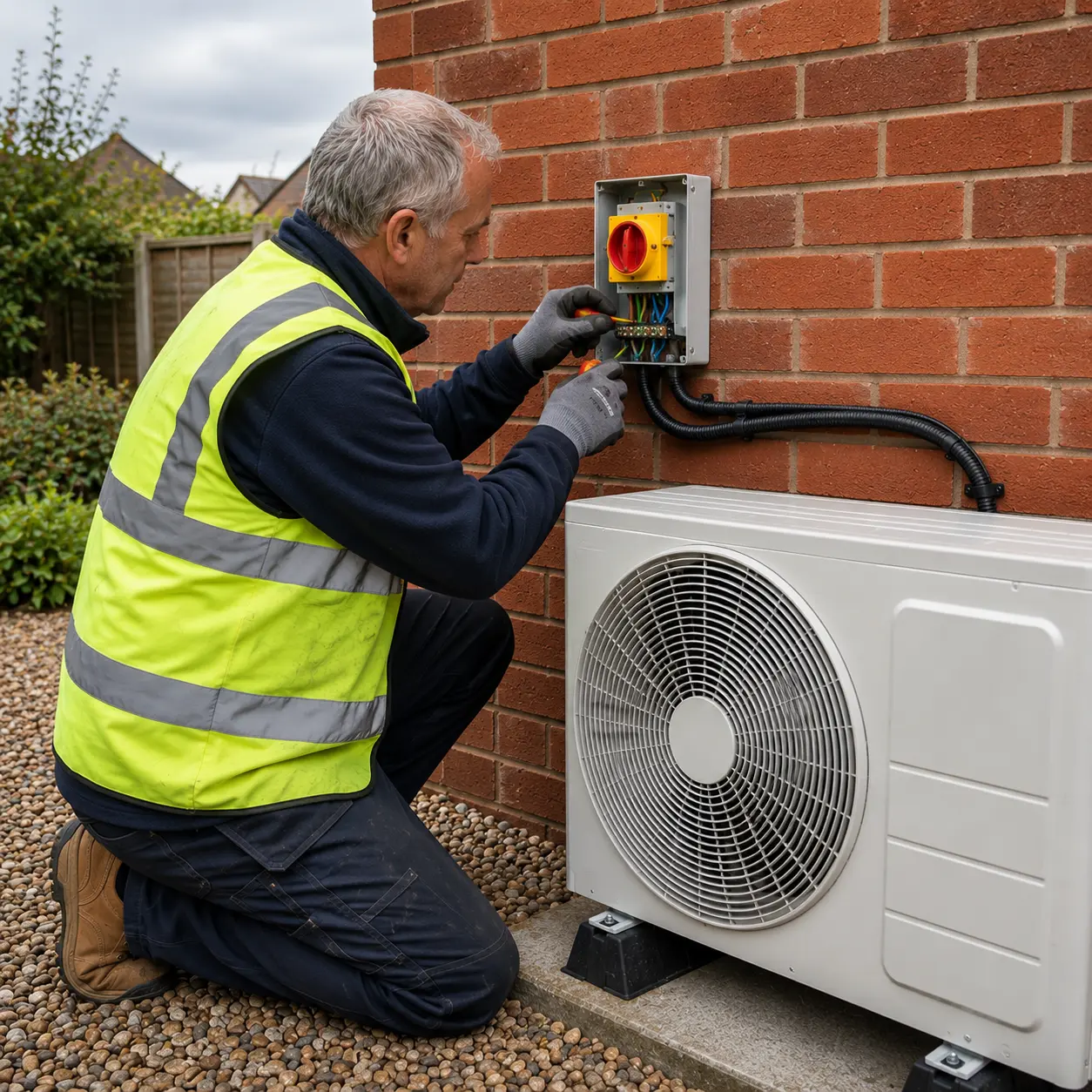 Older electrician wiring a weatherproof rotary isolator switch beside an outdoor air conditioning condenser unit on a red brick UK house exterior.