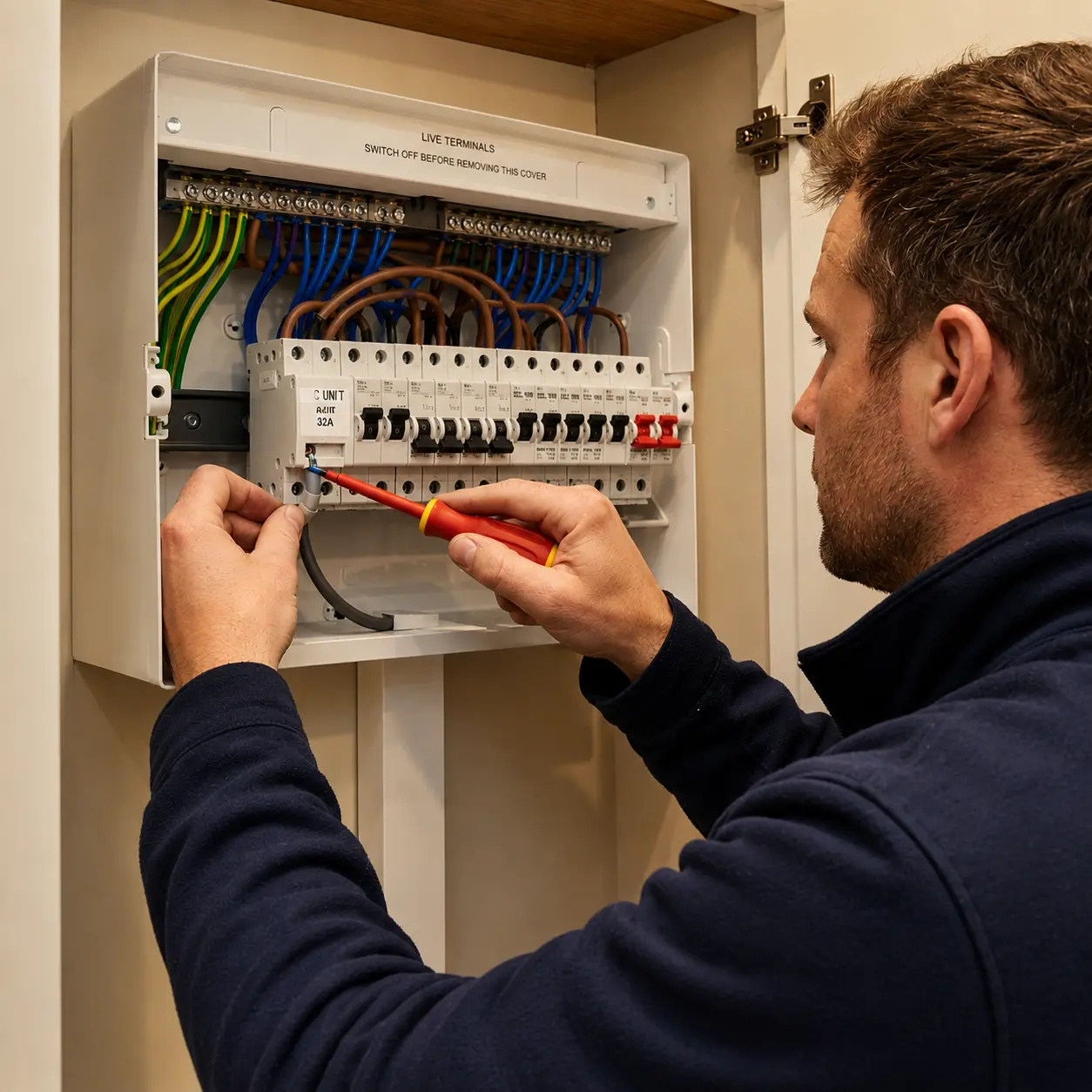  Electrician connecting dedicated AC circuit wiring inside a modern UK consumer unit with labelled breaker and insulated screwdriver.