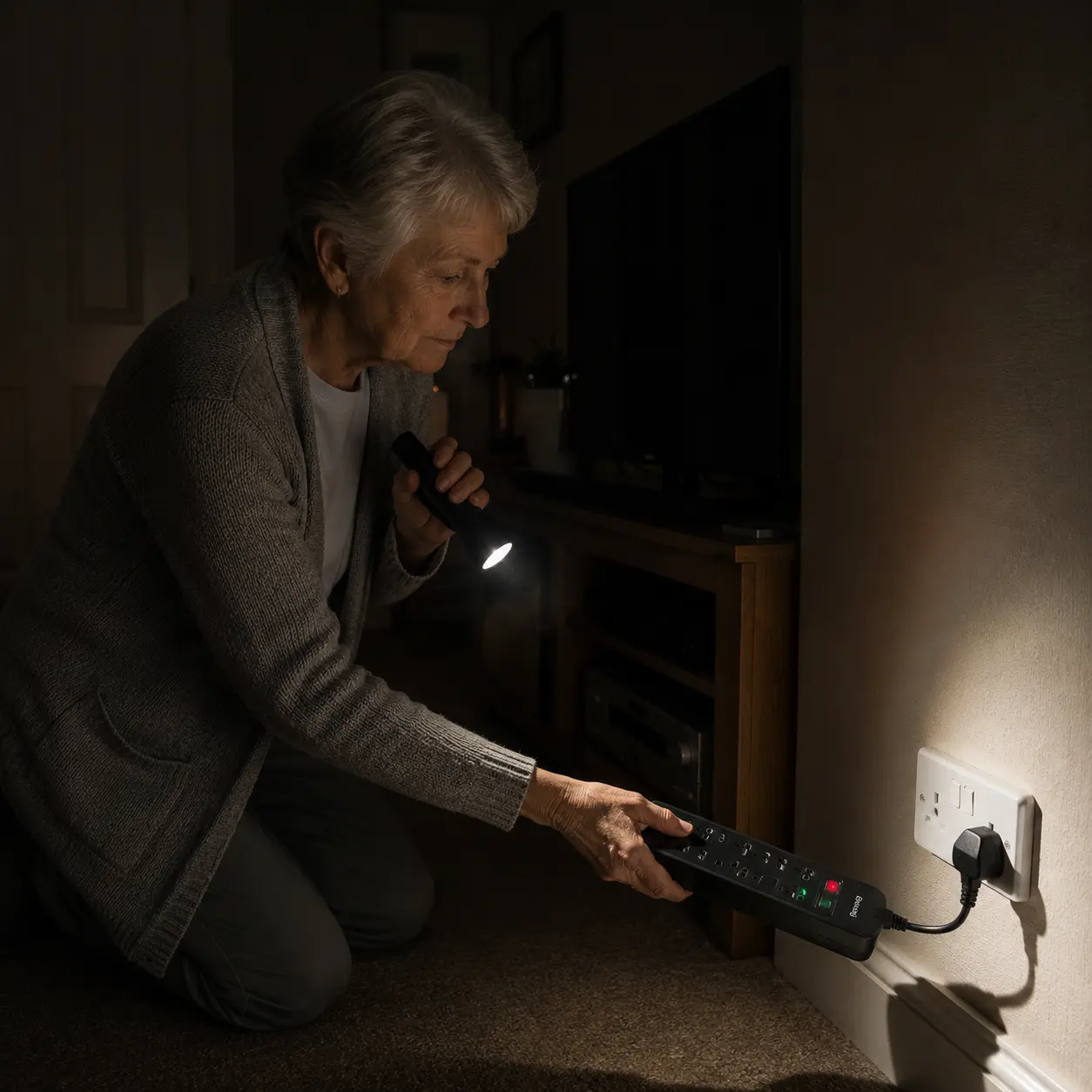 Concerned woman standing safely beside a smoking and scorched UK double wall socket in a modern kitchen while holding a mobile phone.