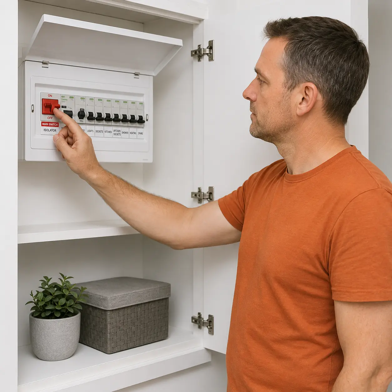 Man switching off the main red isolator switch inside a modern UK consumer unit in a utility cupboard during an electrical emergency.