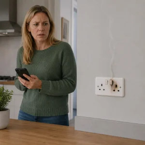 Elderly woman in a dark UK living room using a torch during a power cut while unplugging a surge-protected extension lead from a British wall socket to protect home electronics.