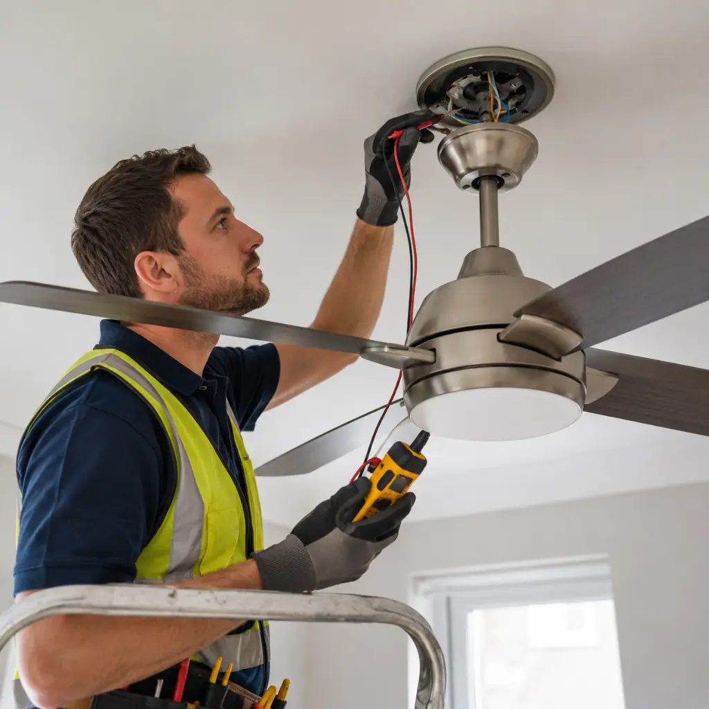 British electrician inspecting ceiling fan wiring using professional testing equipment.