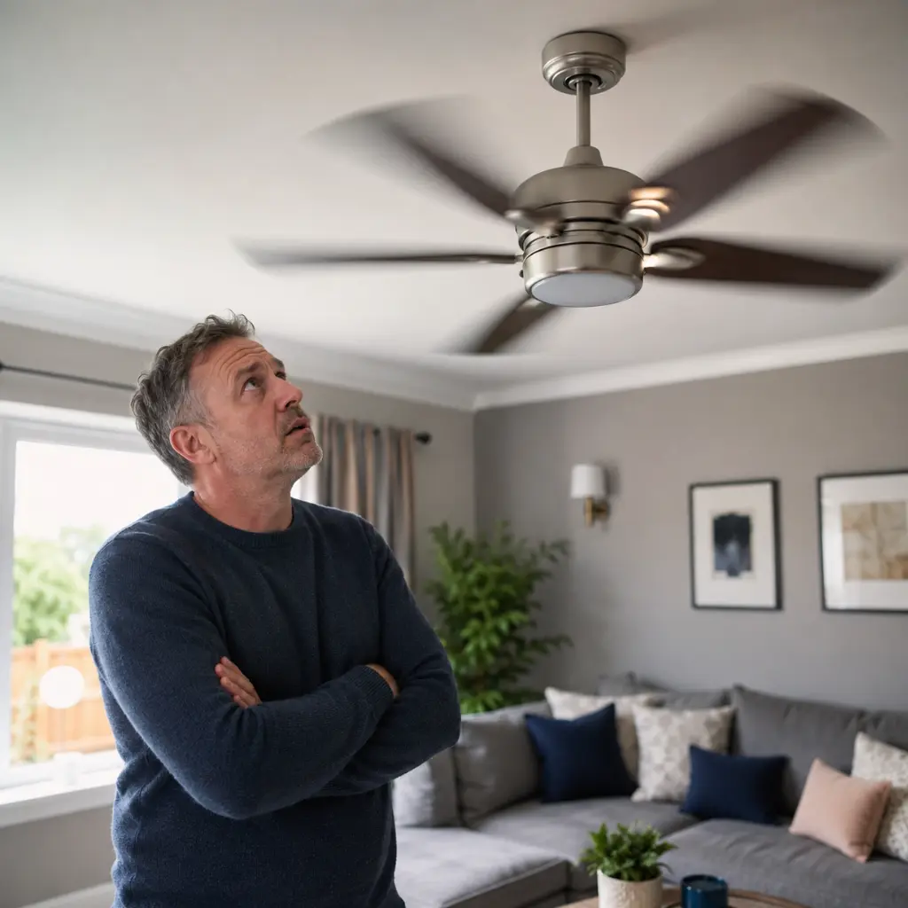 British homeowner concerned about wobbling ceiling fan inside modern livingroom.