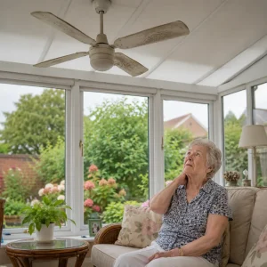 Elderly British woman notices dusty ceiling fan with weak airflow.