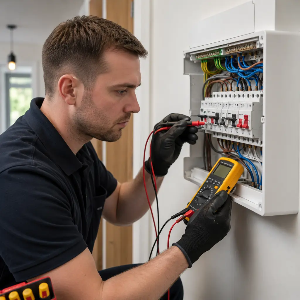 UK electrician testing consumer unit wiring during electrical safety inspection