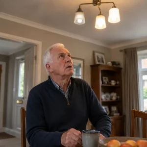 British homeowner inspecting a scorched socket showing a dangerous, loose electrical connection