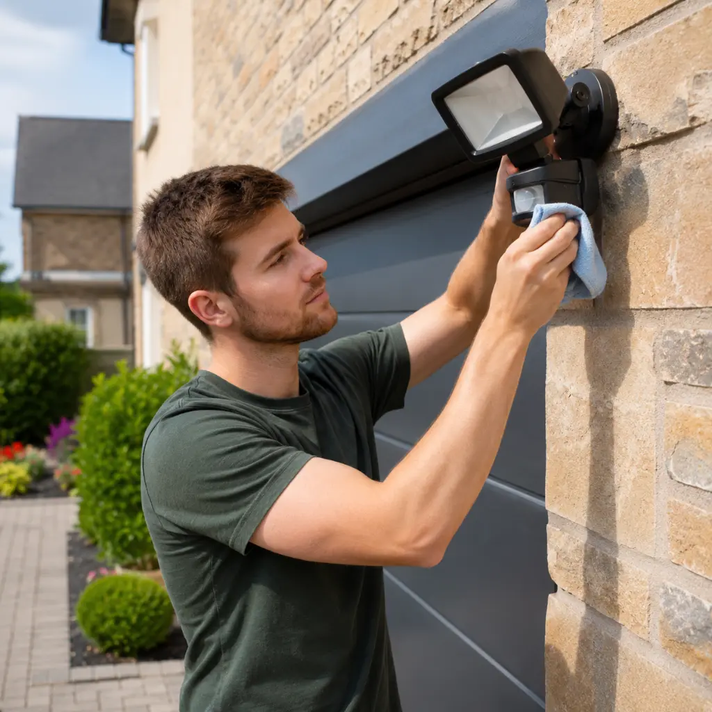 British homeowner cleaning outdoor PIR sensor lens beside garage door.