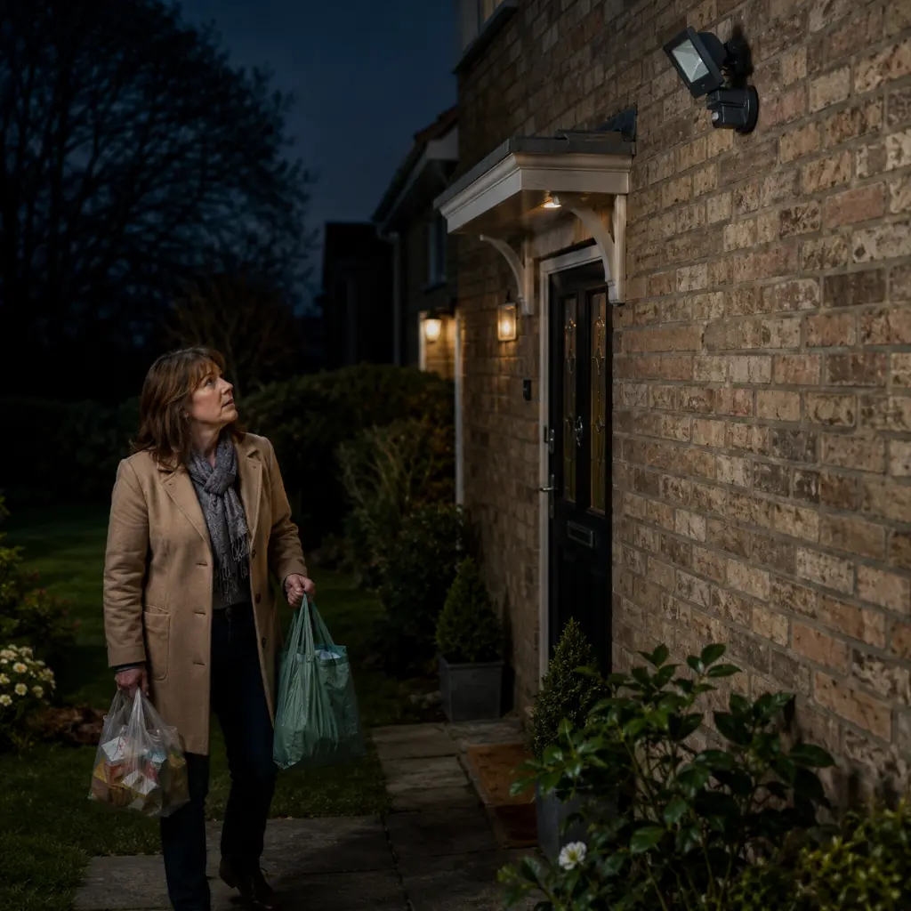 British homeowner approaches front door as faulty motion sensor fails.