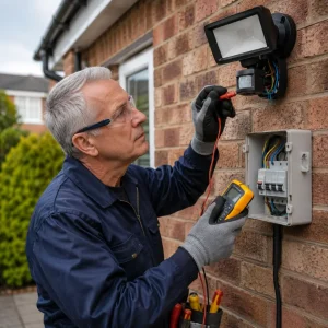 British electrician testing faulty outdoor motion sensor security light.