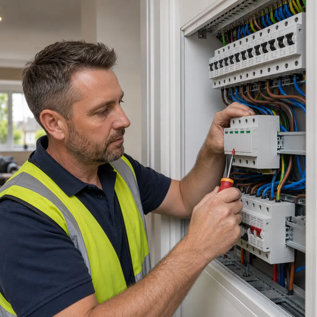 British electrician installs surge protection device inside modern consumer unit.
