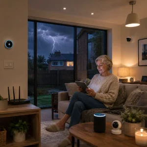 Concerned British homeowner checks unresponsive smart devices after power surge.